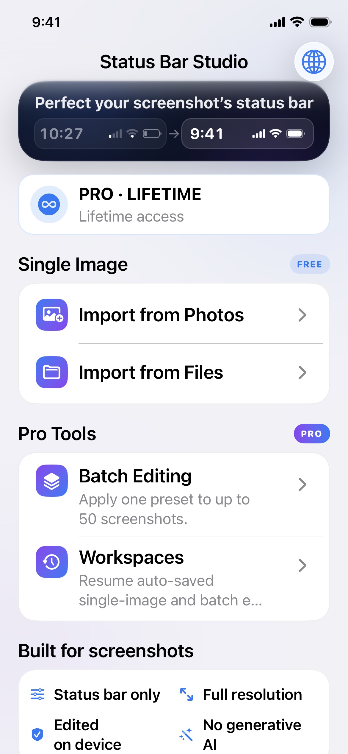 Status Bar Studio home screen showing the status-bar comparison, Single Image imports, Batch Editing, and Workspaces