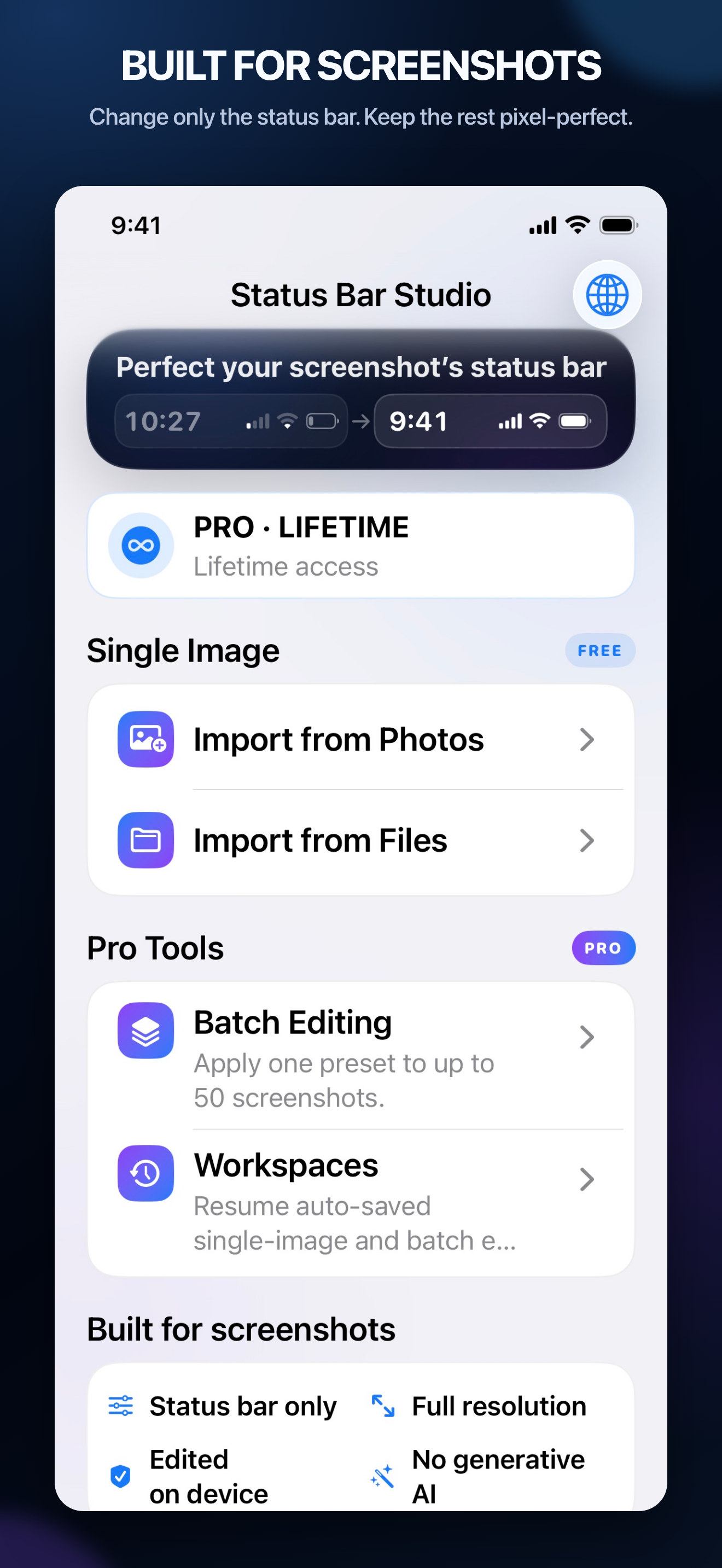 Status Bar Studio home screen with its before-and-after status bar preview and import choices