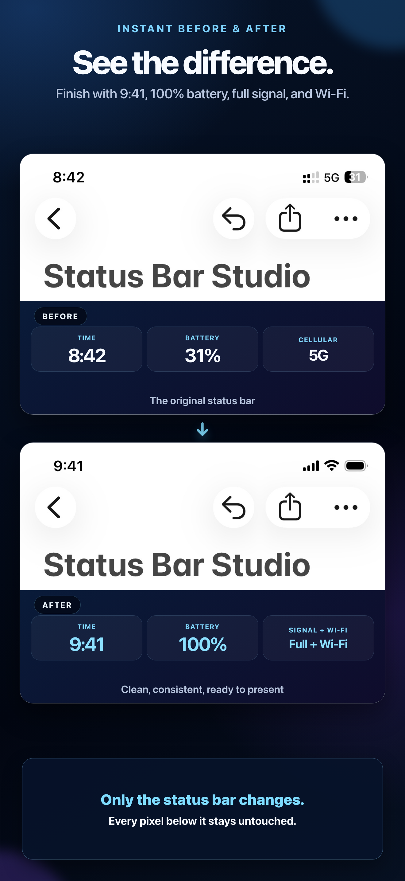 Before and after comparison changing 8:42, 31 percent, and 5G to 9:41, 100 percent, full signal, and Wi-Fi