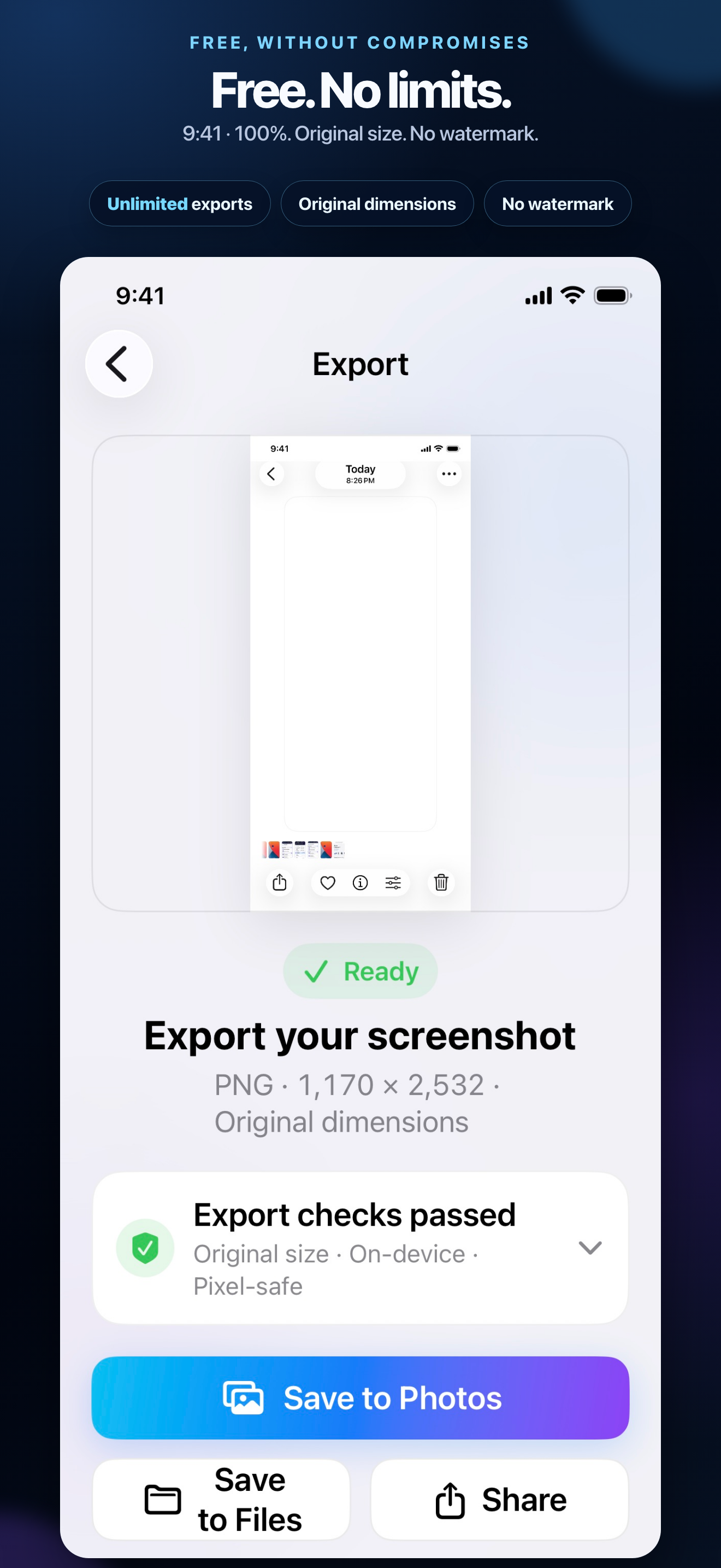 Free export screen showing unlimited original-dimension PNG export without a watermark