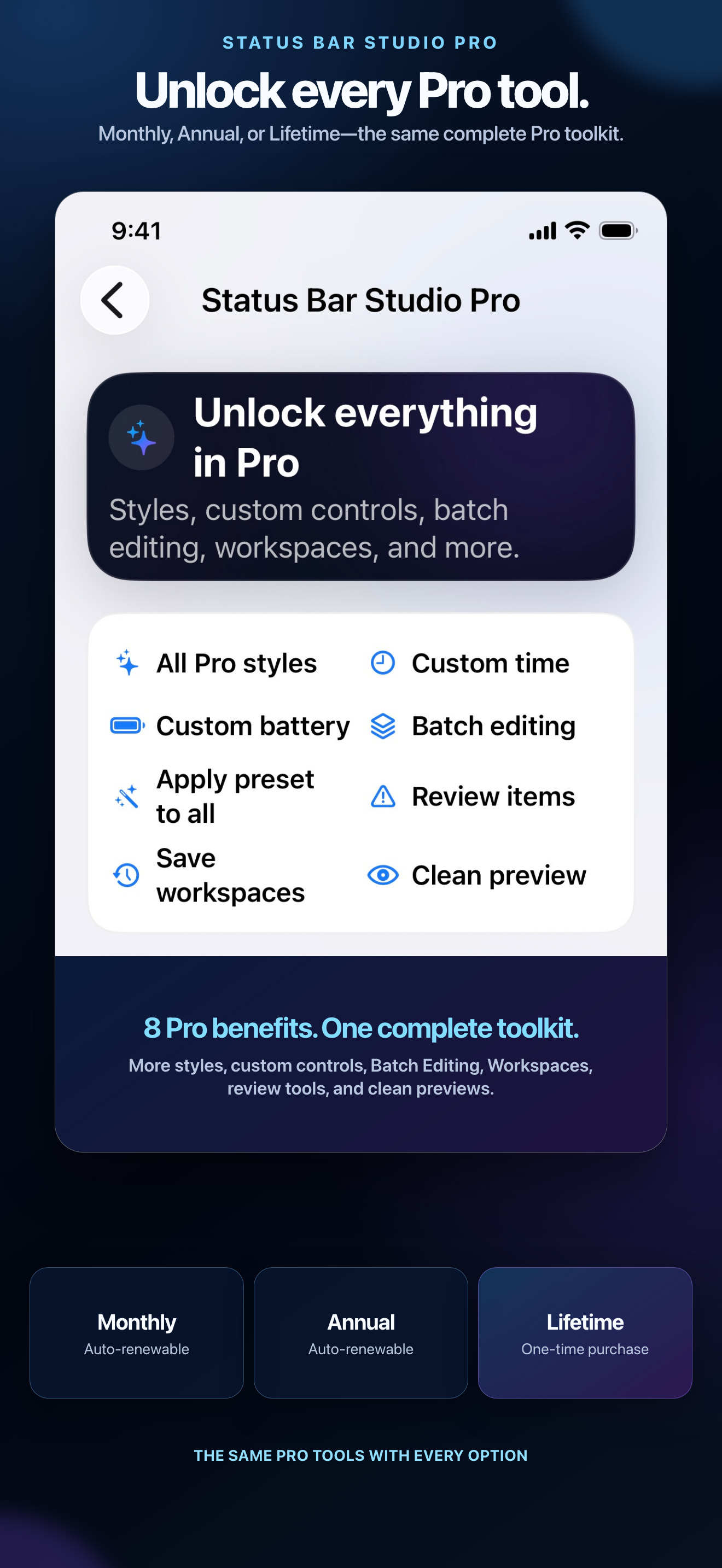 Status Bar Studio Pro screen showing eight Pro benefits and Monthly, Annual, and Lifetime purchase options