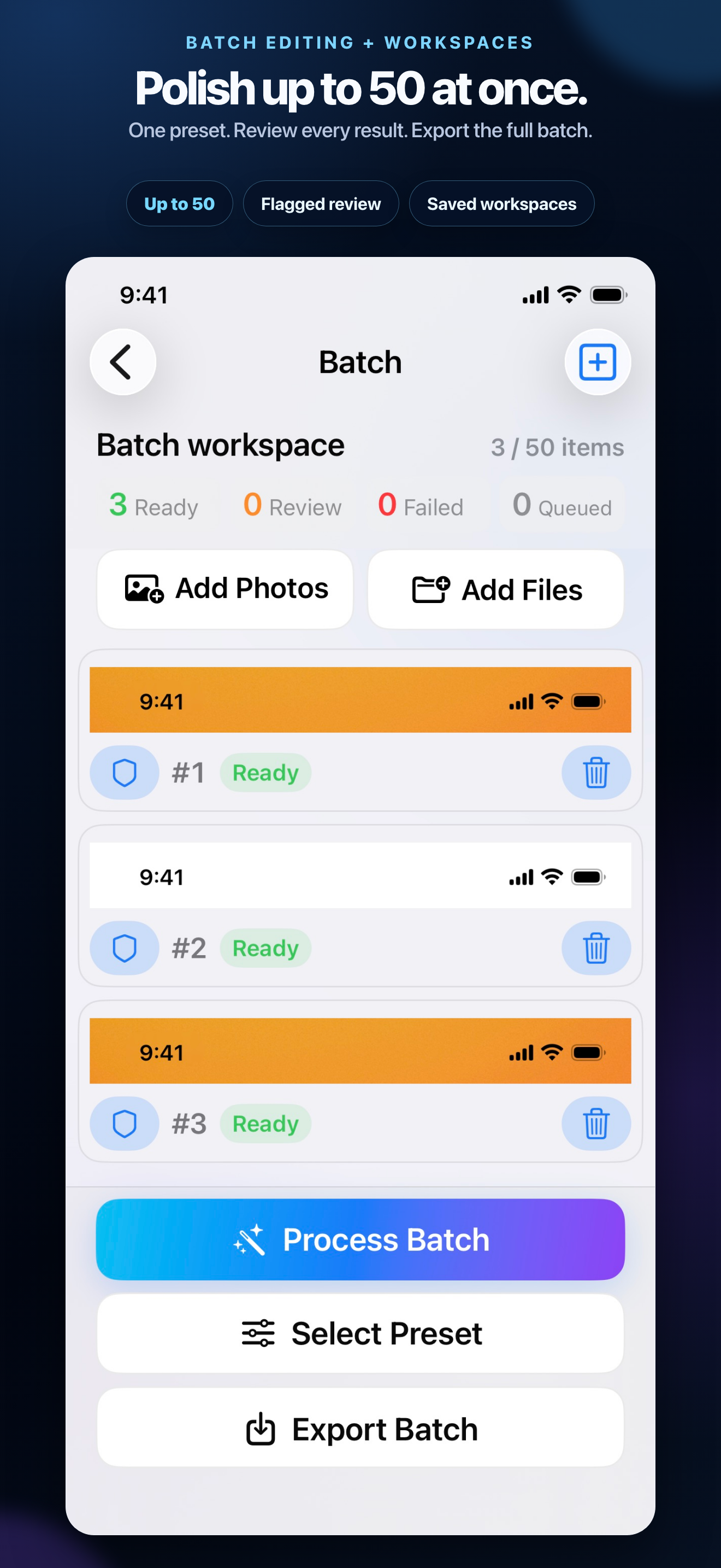 Batch workspace with three ready screenshots and controls to process, select a preset, and export the batch
