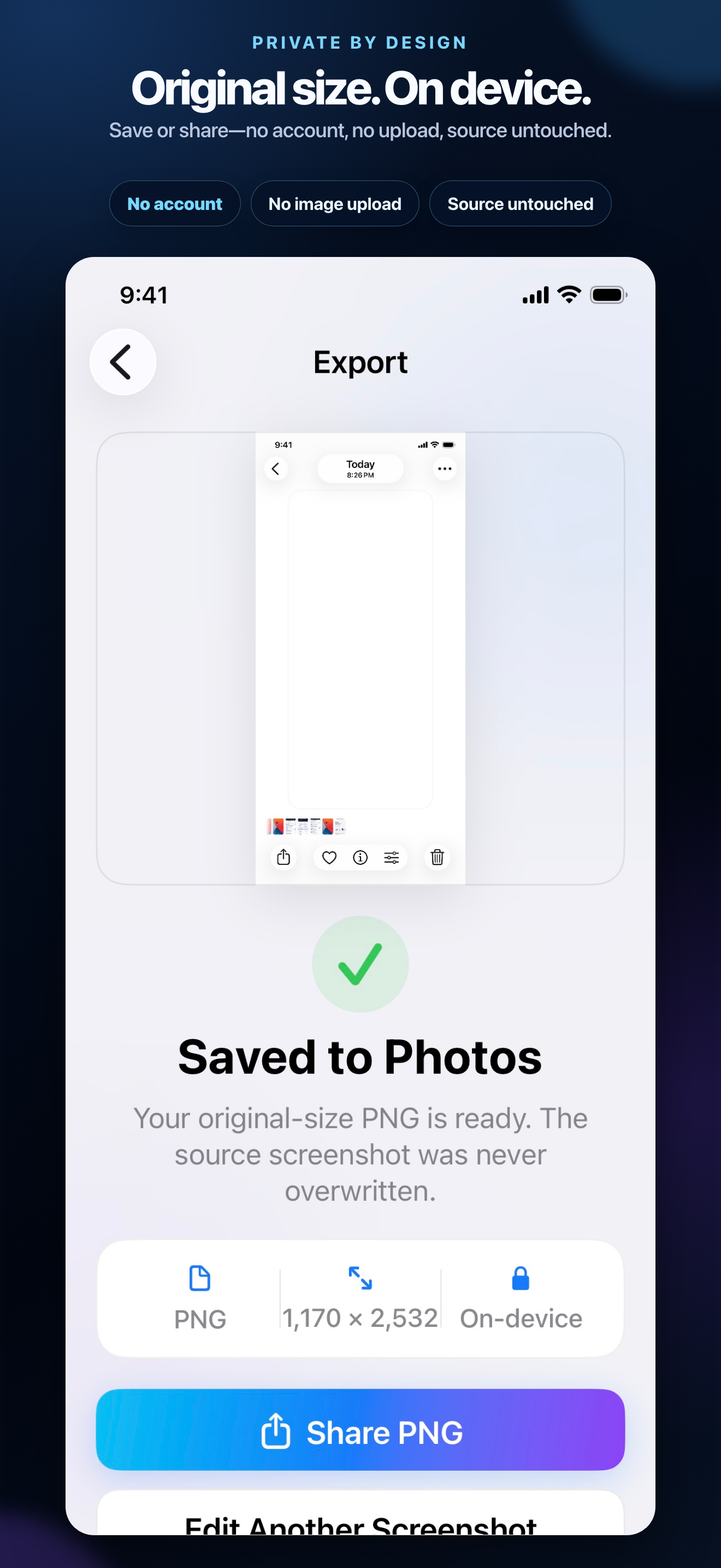 Saved to Photos completion screen confirming PNG format, original dimensions, and on-device processing